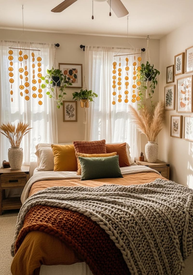21 Cozy autumn bedroom decoration ideas to try this autumn, 6 Dried orange panes that hang on curtain rods 1