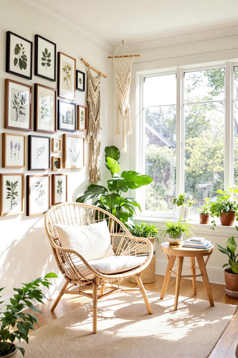19 Small winter garden Ideas to open small rooms 47 ECLECTIC Gallery Wall with botanical prints and macrame 1