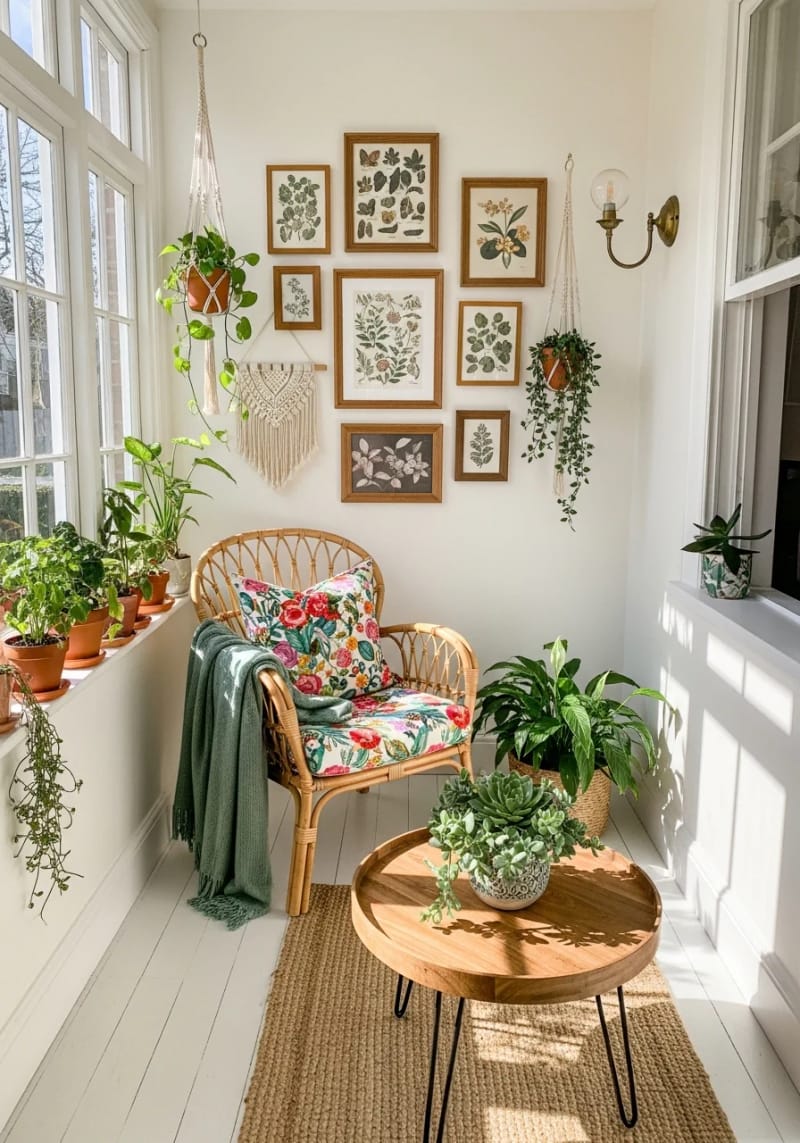 19 small conservatory ideas to open small rooms 48 ECLECTIC Gallery Wall with botanical prints and macrame 1