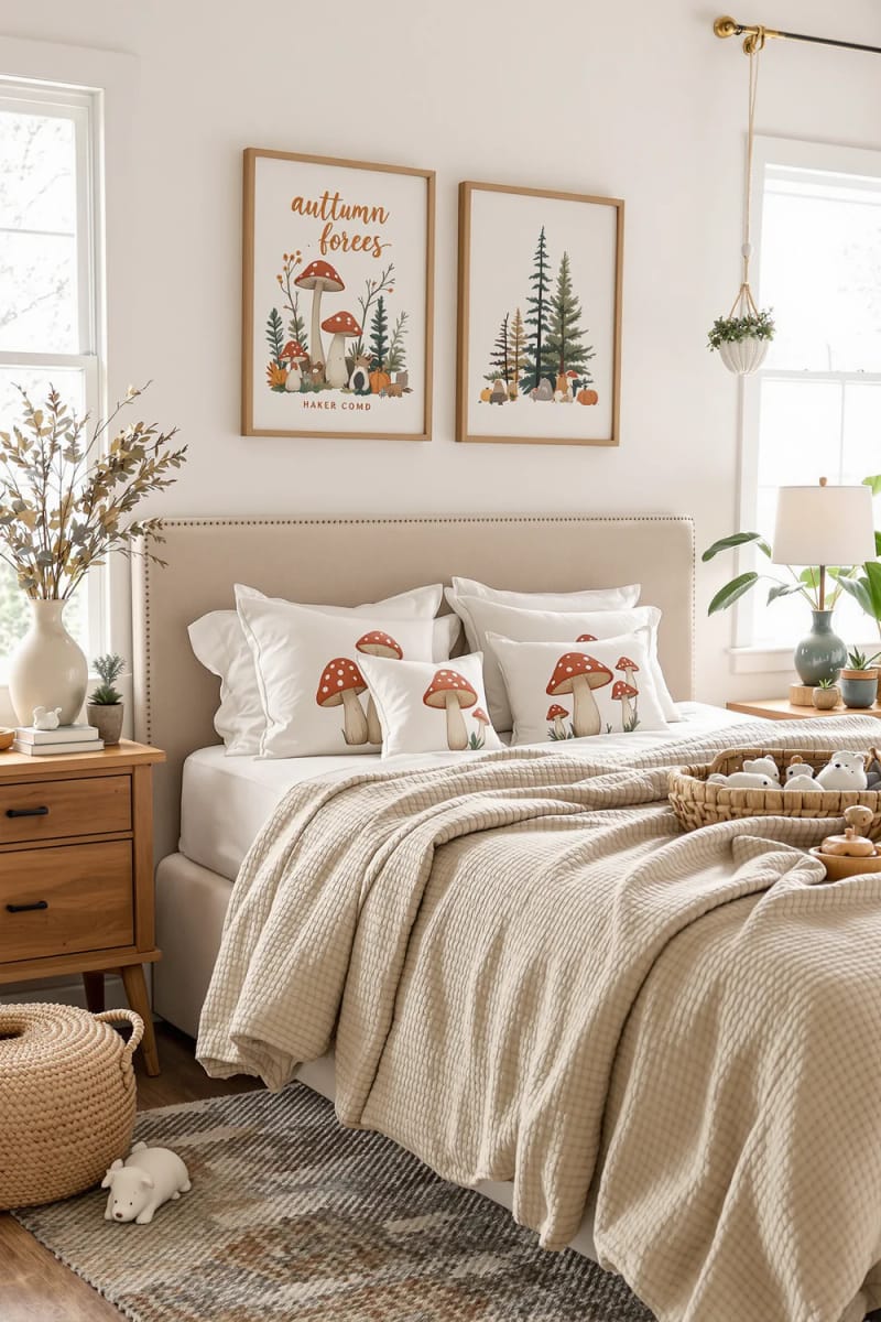 21 Cozy autumn bedroom decoration ideas for the 31st autumn to try embroidered mushroom pillow covers for forest mood 1