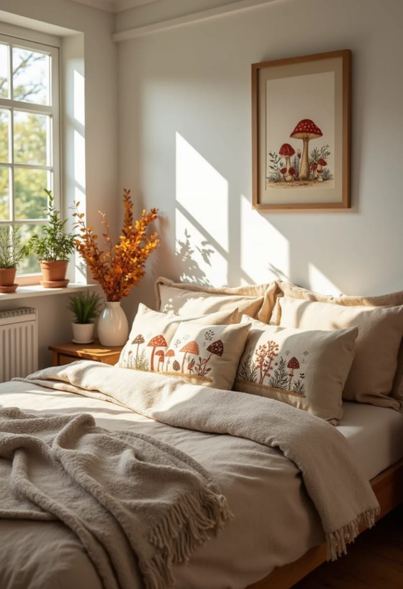 21 Cozy autumn bedroom decoration ideas to try this autumn 32 embroidered mushroom pillow covers for forest mood 1