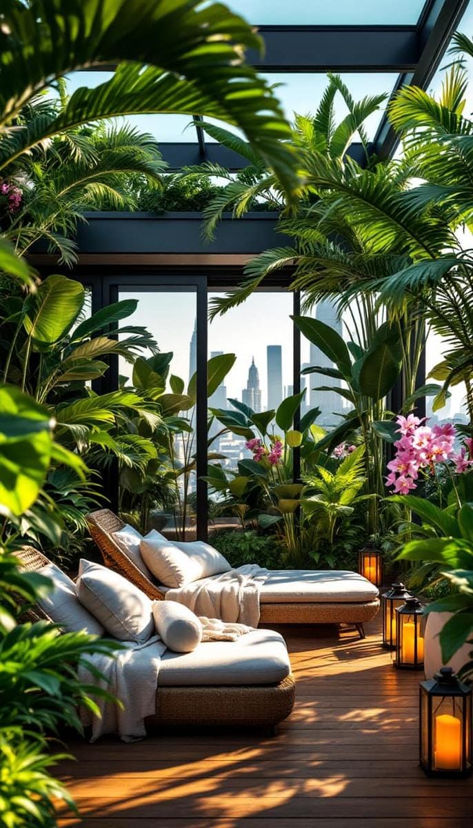 23 verträumte Dachterrasse -Designs für modernes Leben im Freien 61 geschlossener Wintergarten mit Schieberglaswänden und tropischen Pflanzen 1