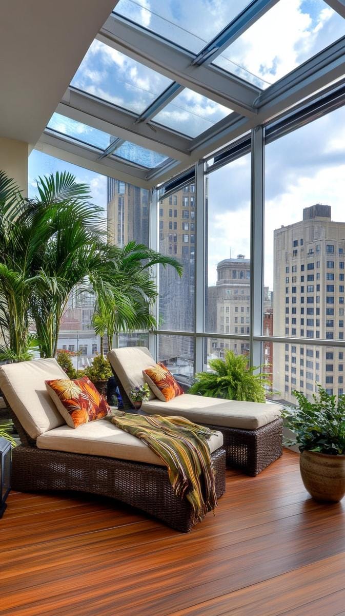 23 verträumte Dachterrasse Designs für modernes Outdoor -Leben 62 geschlossener Wintergarten mit Schieberglaswänden und tropischen Pflanzen 1