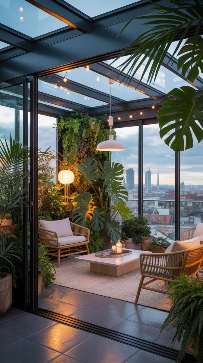 23 verträumte Dachterrasse -Designs für modernes Leben im Freien 63 geschlossener Wintergarten mit Schieberglaswänden und tropischen Pflanzen 1
