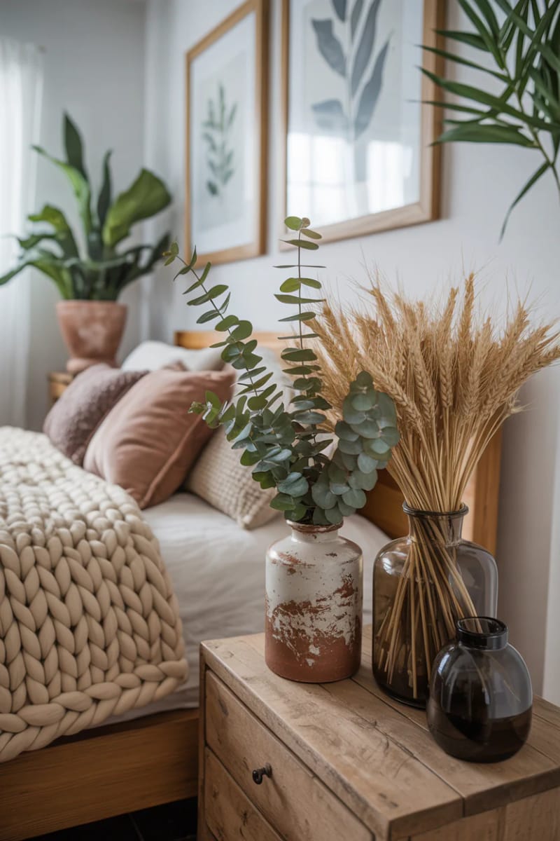 21 Cozy autumn bedroom decoration ideas for autumn 48 Eucalyptus and wheat stem bundles in rustic vases 1