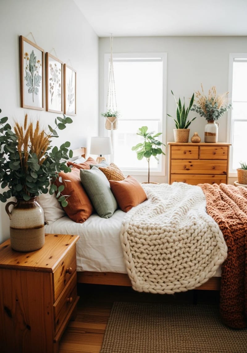 21 Cozy autumn bedroom decoration ideas for autumn 49 Eucalyptus and wheat stem bundles in rustic vases 1