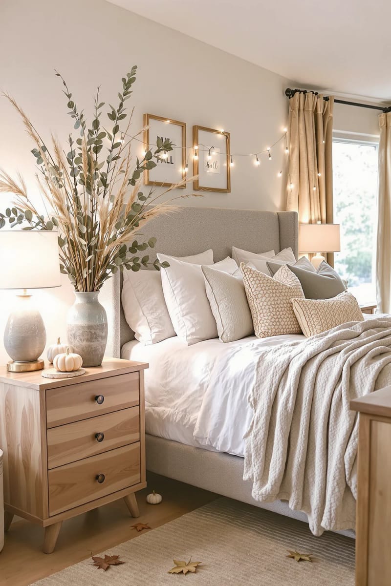 21 Cozy autumn bedroom decoration ideas for trying 50 this autumn Eucalyptus and wheat stem bundles in rustic vases 1