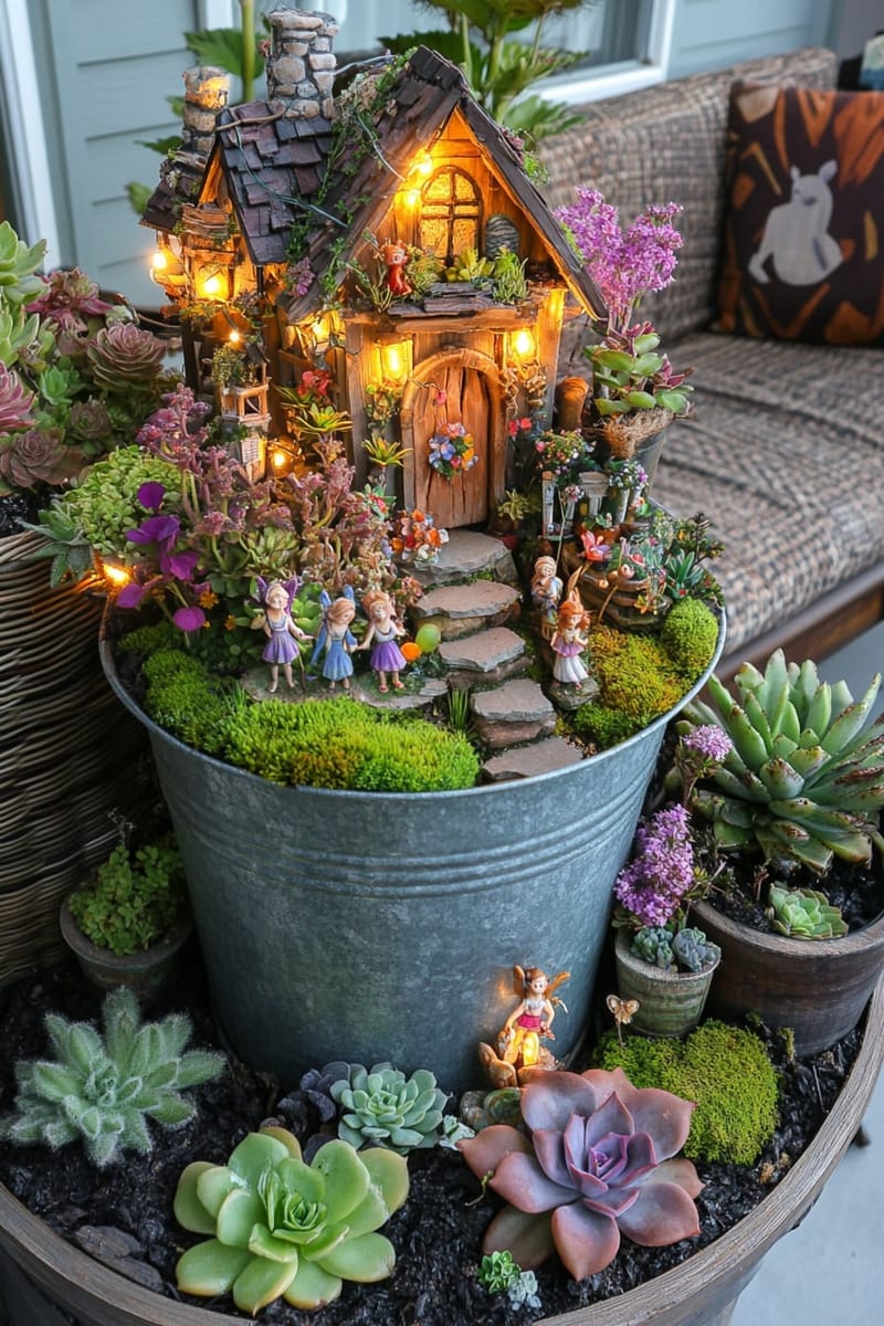 25 Unique Terrace Garden Ideas to Elevate Your Outdoor Space 13 fairy garden village nestled among succulents and mossy stones 1