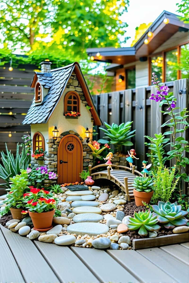 25 Unique Terrace Garden Ideas to Elevate Your Outdoor Space 15 fairy garden village nestled among succulents and mossy stones 1