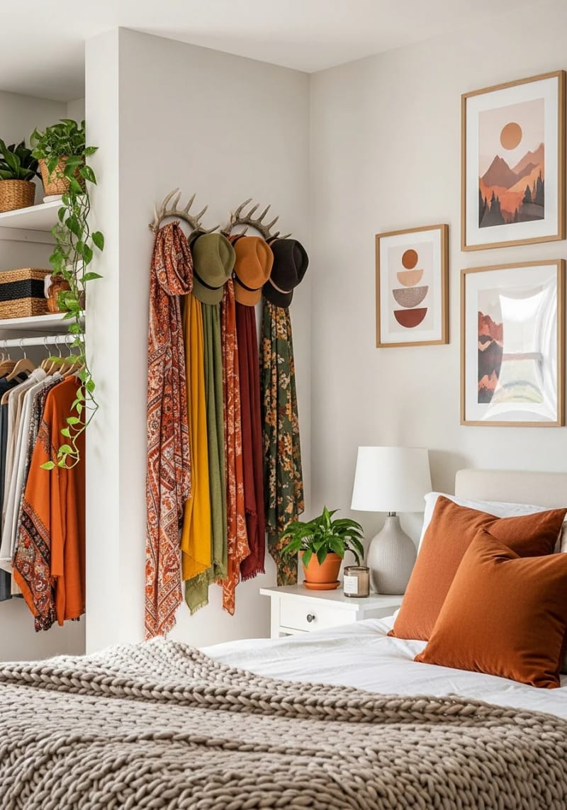 21 Cozy autumn bedroom decoration ideas for trying this autumn 35 Faux -weih -wall hook for scarves and hats 1