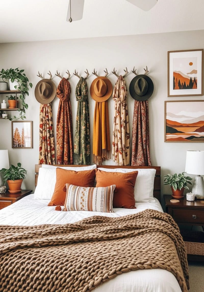 21 Cozy autumn bedroom decoration ideas to try this autumn 37 Faux -weih -wall hook for scarves and hats 1