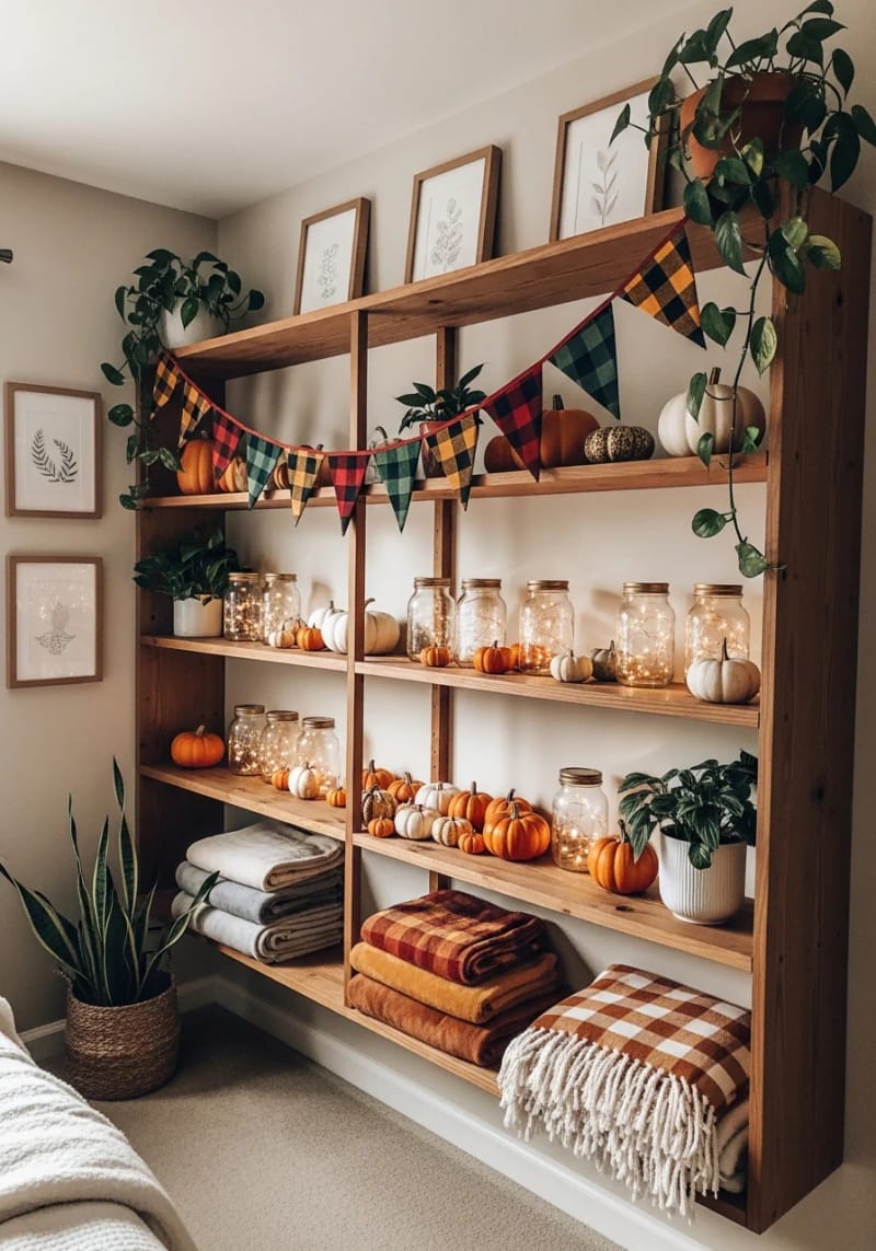 21 Cozy autumn bedroom decoration ideas for autumn 46 Flanel fabric stuff on open shelves 1