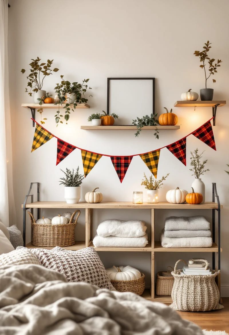 21 Cozy autumn bedroom decoration ideas for autumn 47 Flanel fabric stuff on open shelves 1
