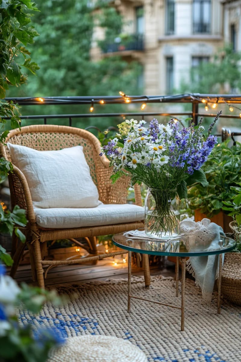 25 gemütliche kleine Balkondesign -Ideen, um Ihren Raum zu erhöhen 82 schwimmender Glas Couchtisch mit einer Vase frisch geschnittener Wildblumen 1