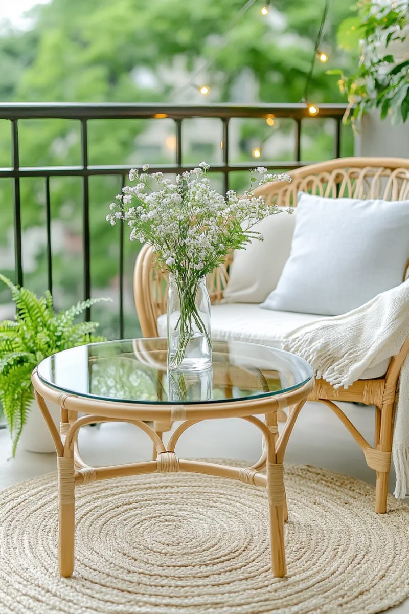 25 gemütliche kleine Balkondesign -Ideen, um Ihren Raum zu erhöhen 83 schwimmender Glas Couchtisch mit einer Vase frisch geschnittener Wildblumen 1