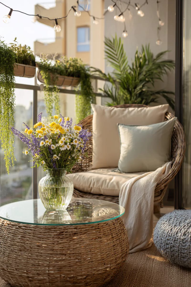 25 gemütliche kleine Balkondesign -Ideen, um Ihren Raum zu erhöhen 84 schwimmender Glas Couchtisch mit einer Vase frisch geschnittener Wildblumen 1