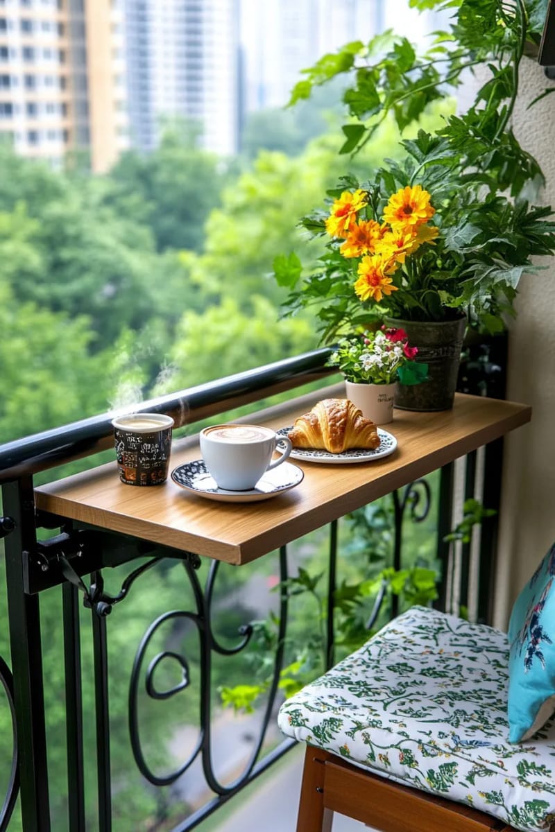 25 gemütliche kleine Balkondesign -Ideen, um Ihren Raum zu erhöhen 12 Falten Sie den Bistro-Tisch an, der am Geländer für Morgenkaffee angeschlossen ist 1
