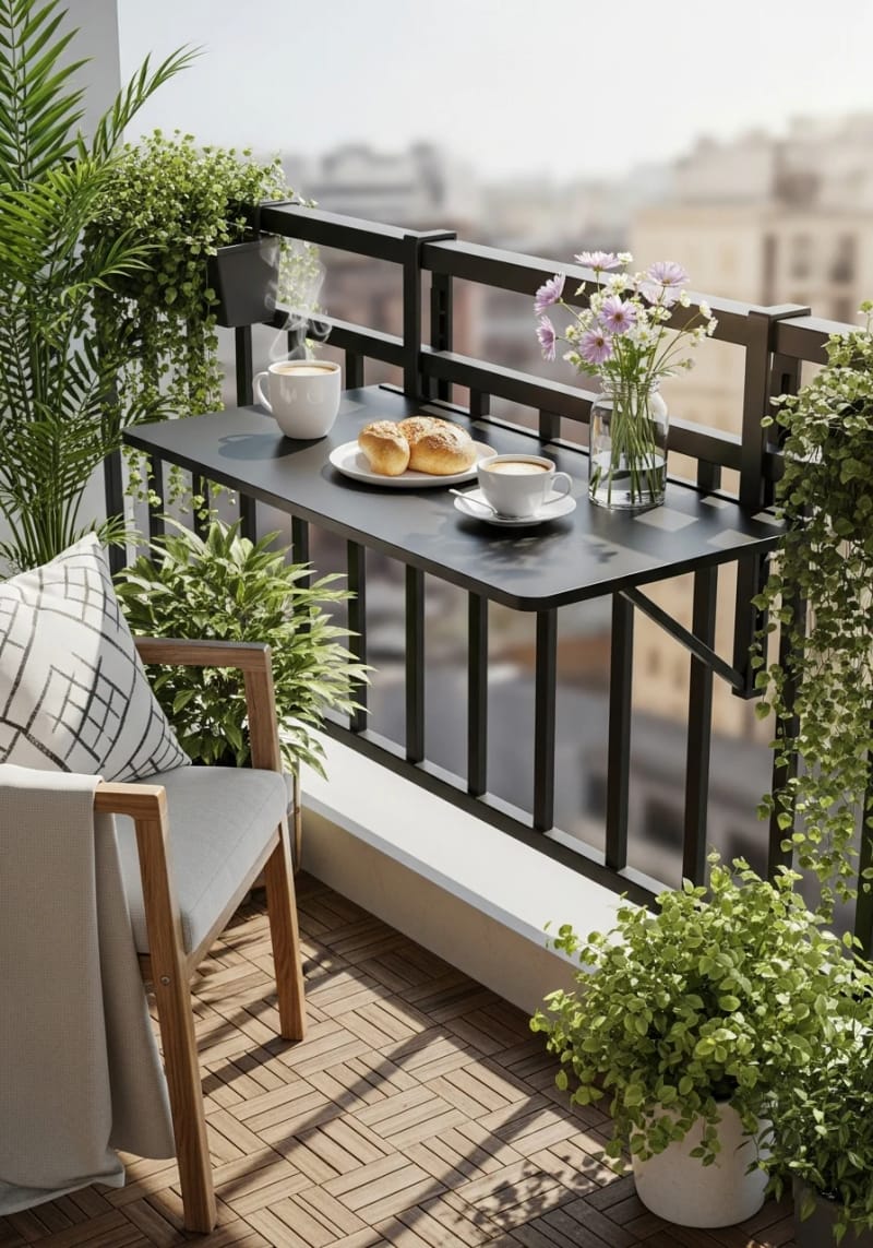 25 gemütliche kleine Balkondesign -Ideen, um Ihren Raum zu erhöhen 10 Falten Sie den Bistro-Tisch an, der am Geländer für Morgenkaffee angeschlossen ist 1
