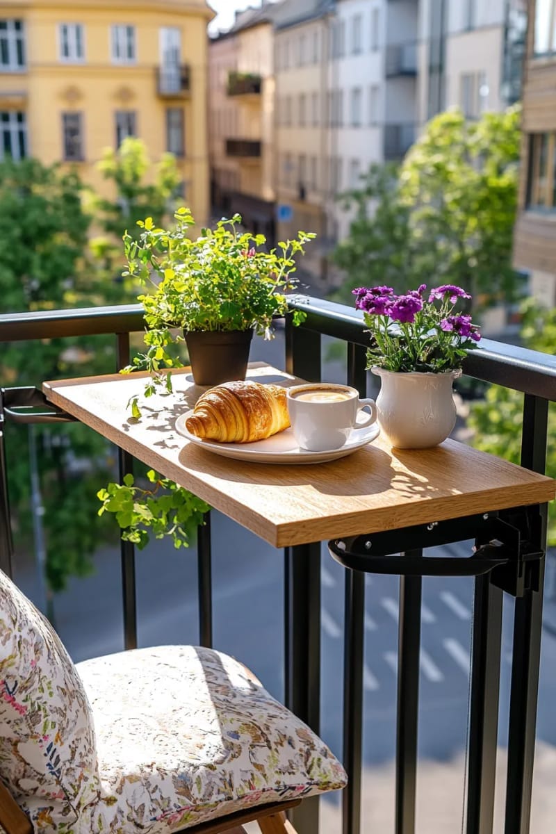 25 gemütliche kleine Balkondesign -Ideen, um Ihren Raum zu erhöhen 11 Falten Sie den Bistro-Tisch an, der am Geländer für Morgenkaffee angeschlossen ist 1