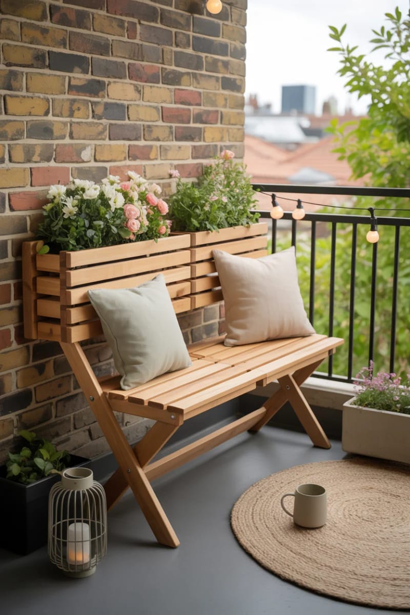 25 gemütliche kleine Balkondesign -Ideen, um Ihren Raum zu erhöhen 47 Faltbare Bank mit eingebauten Pflanzgefäßen für frische Blumen 1