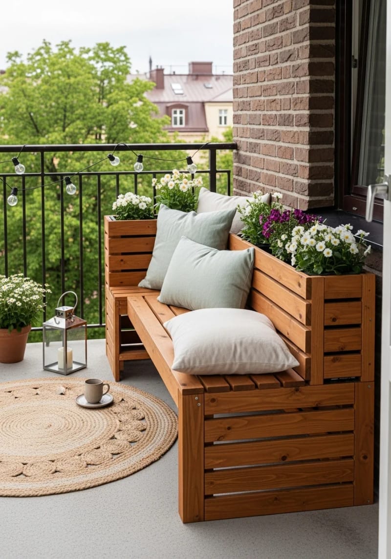 25 gemütliche kleine Balkondesign -Ideen, um Ihren Raum zu erhöhen 49 Faltbare Bank mit eingebauten Pflanzgefäßen für frische Blumen 1
