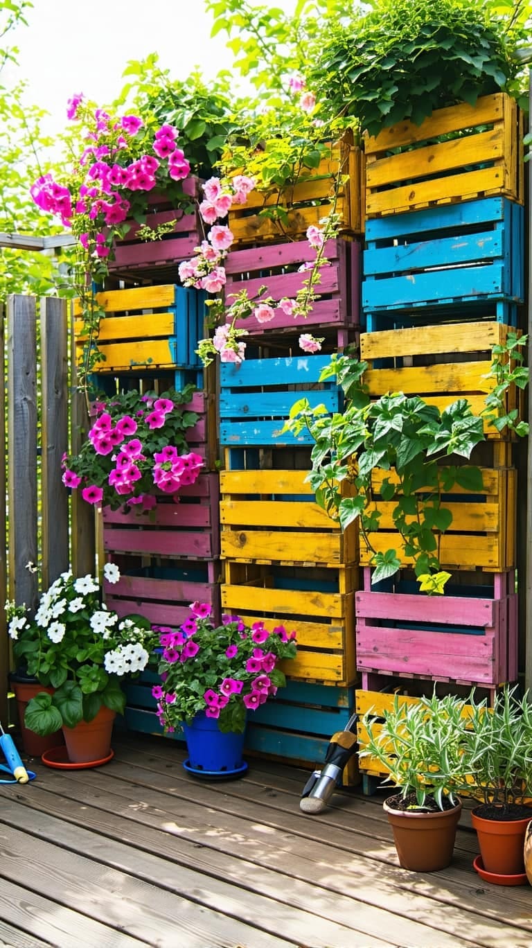 25 Unique Terrace Garden Ideas to Elevate Your Outdoor Space 73 garden on a fence with painted crates and cascading flowers 1