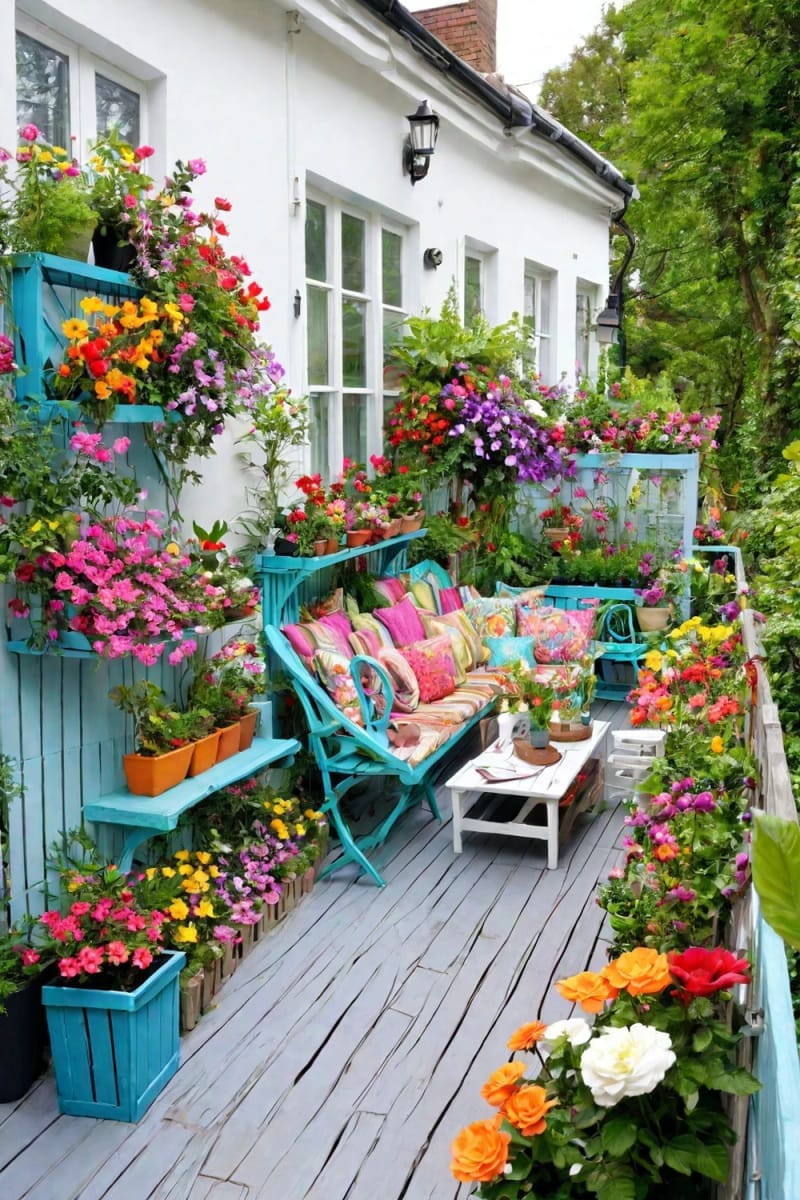 25 Unique Terrace Garden Ideas to Elevate Your Outdoor Space 74 garden on a fence with painted crates and cascading flowers 1