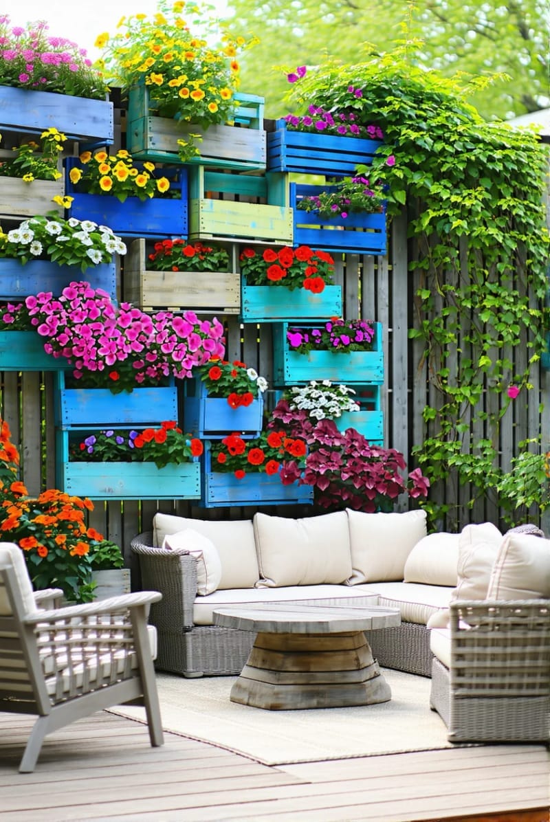 25 Unique Terrace Garden Ideas to Elevate Your Outdoor Space 75 garden on a fence with painted crates and cascading flowers 1