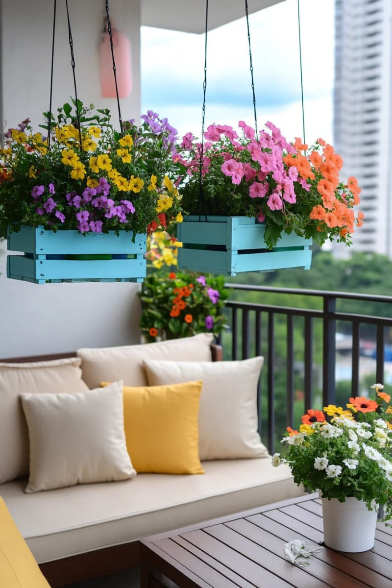 25 Unique Terrace Garden Ideas to Elevate Your Outdoor Space 76 garden on a fence with painted crates and cascading flowers 1