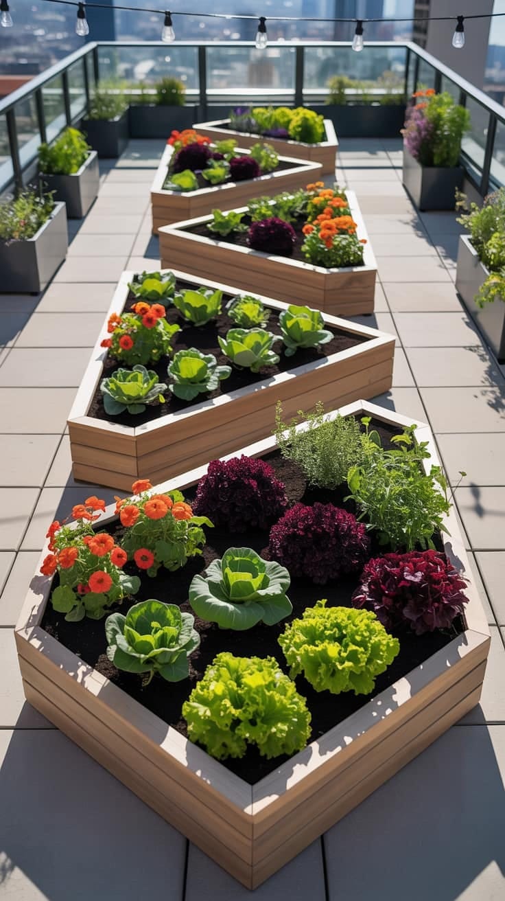 25 Unique Terrace Garden Ideas to Elevate Your Outdoor Space 30 geometric raised beds for vegetables and edible flowers 1