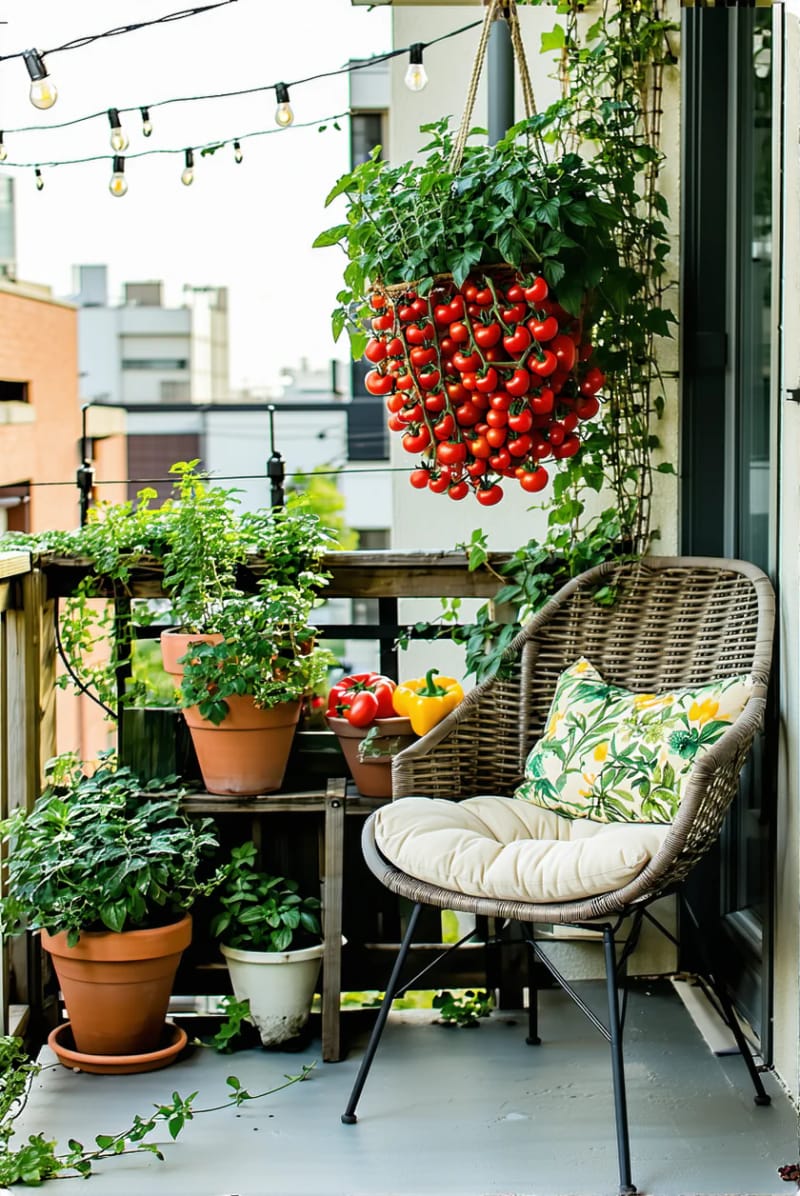 19 breathtaking urban garden balcony for a stylish outside area 19 19 Grow cherry tomatoes and peppers in hanging baskets for urban agricultural flair 1