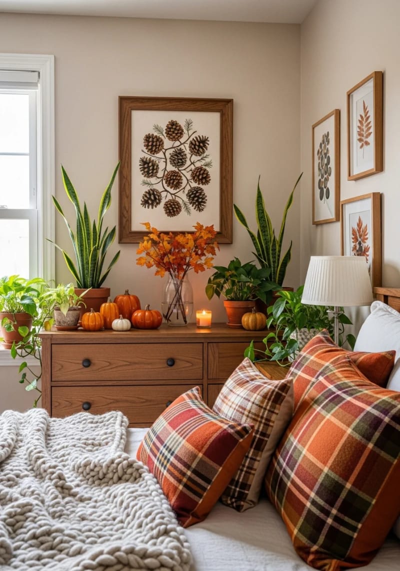 21 Cozy autumn bedroom decoration ideas to try this autumn, 17 Tinecone art manual, which is framed by chest of drawers 1
