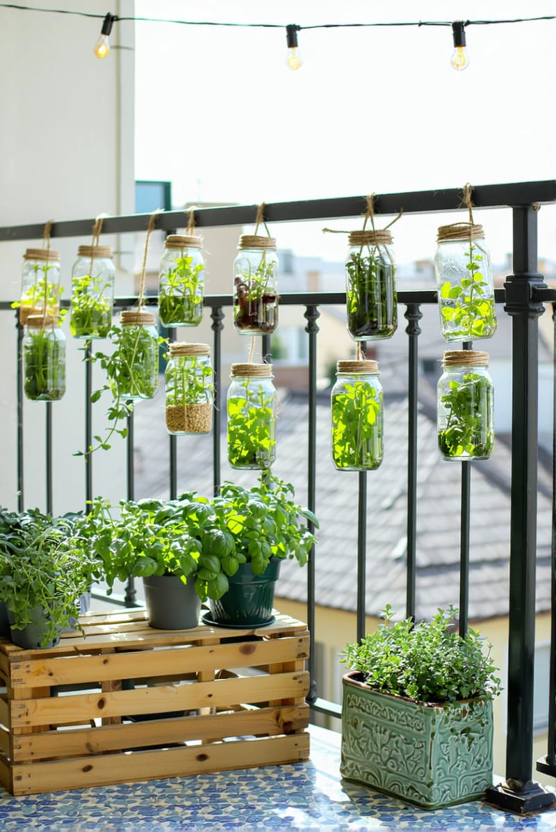 19 breathtaking urban garden balcony for a stylish outside area 6 Hang a mini herb garden with Mason glasses along your balcony railing 1