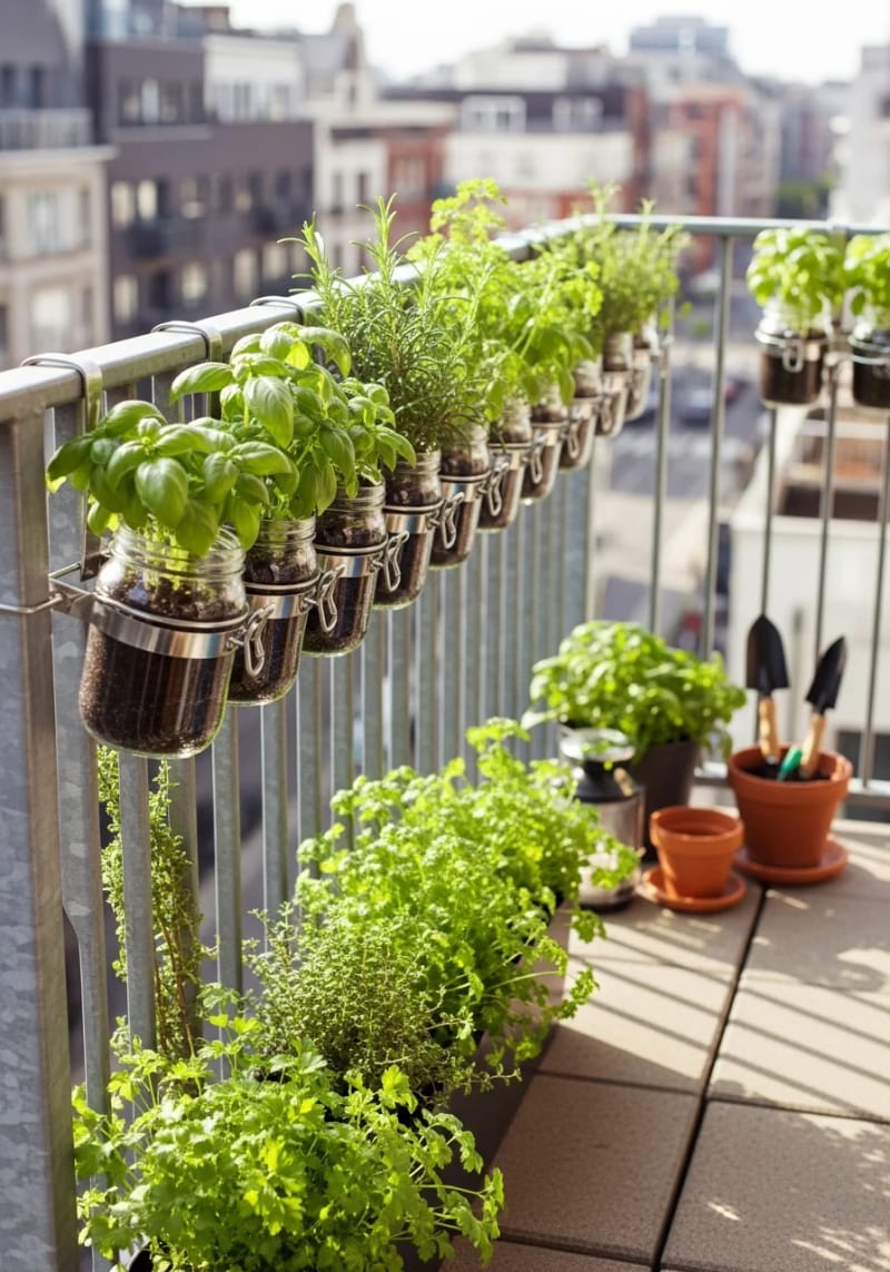 19 breathtaking urban garden balcony for a stylish outside area 7 Hang a mini herb garden with Mason glasses along your balcony railing 1