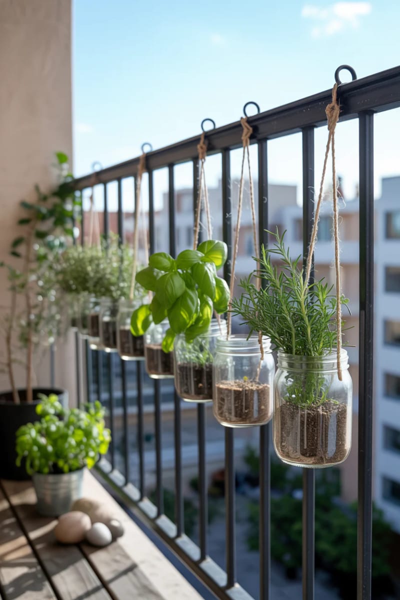 19 Breathtaking urban garden balcony for a stylish outer space 8 8 Hang a mini herb garden with Mason glasses along your balcony railing 1