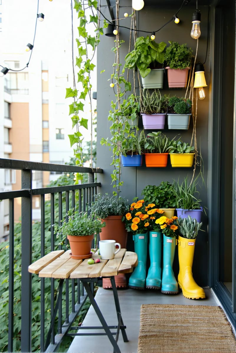 19 breathtaking urban garden balcony for a stylish outside room 37 37 Hang recycled rain boots as quirky planters for balcony garden fun 1