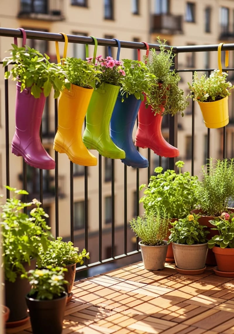 19 breathtaking urban garden balcony for a stylish outdoor area 38 Hang recycled rain boots as quirky planters for balcony garden fun 1