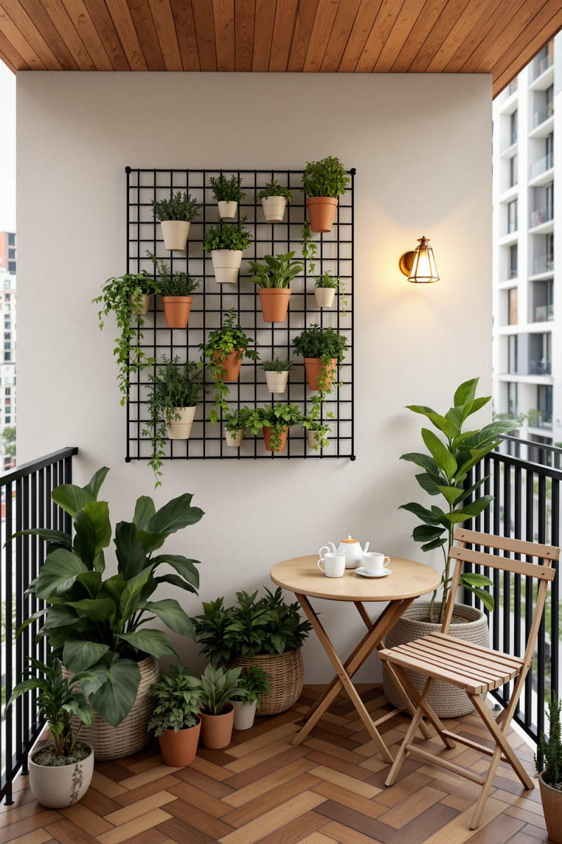 15 unique balcony with hanging plants for urban rooms 8 Hanging herb garden over a cozy café bistro set 1