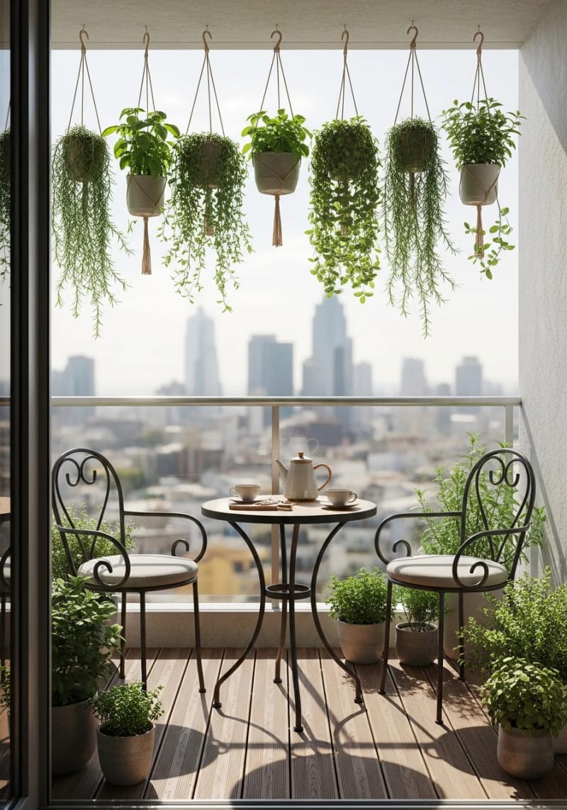 15 unique balcony with hanging plants for urban rooms 9 Hanging herb garden over a cozy café bistro set 1