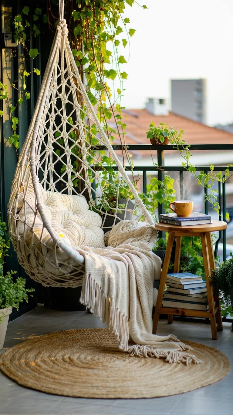25 gemütliche kleine Balkondesign -Ideen, um Ihren Raum zu erhöhen 3 Hanging Makramé -Stuhl für eine gemütliche Lesende auf Ihrem kleinen Balkon 1