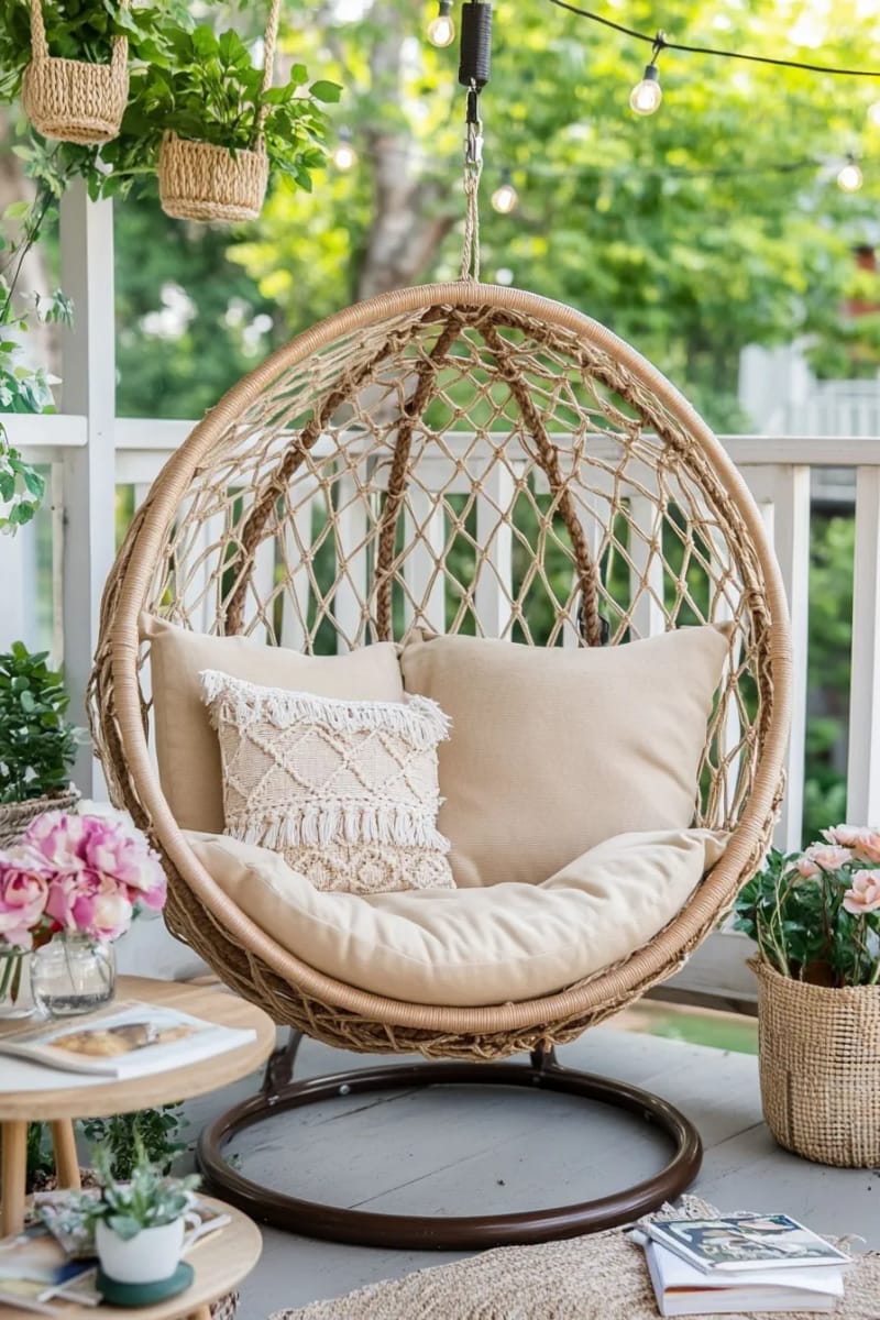 25 gemütliche kleine Balkondesign -Ideen, um Ihren Raum zu erhöhen 4 Hanging Makramé -Stuhl für eine gemütliche Lesende auf Ihrem kleinen Balkon 1