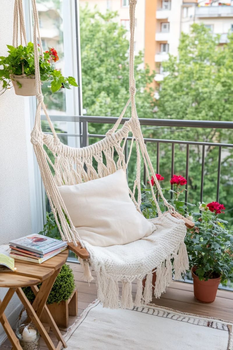 25 gemütliche kleine Balkondesign -Ideen, um Ihren Raum zu erhöhen 5 Hanging Makramé -Stuhl für eine gemütliche Lesende auf Ihrem kleinen Balkon 1