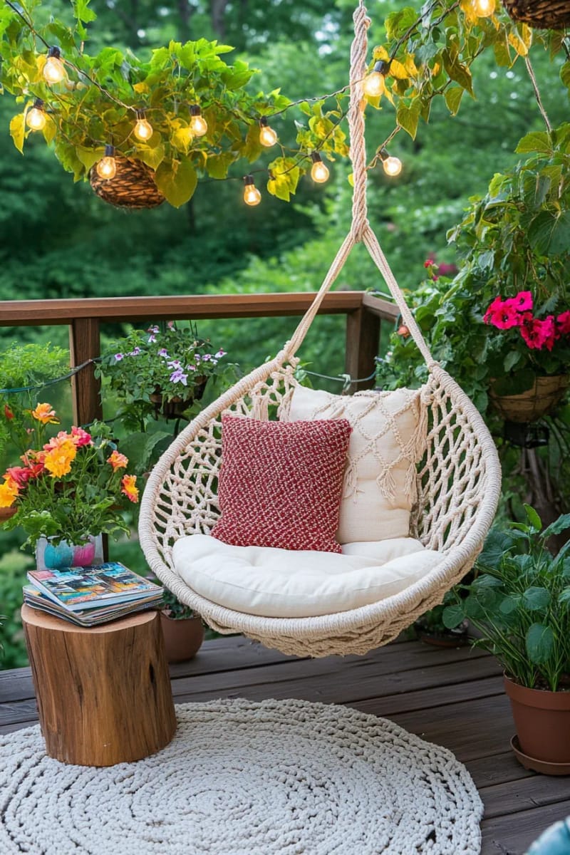 25 gemütliche kleine Balkondesign -Ideen, um Ihren Raum zu erhöhen 6 Hanging Makramé -Stuhl für eine gemütliche Lesende auf Ihrem kleinen Balkon 1