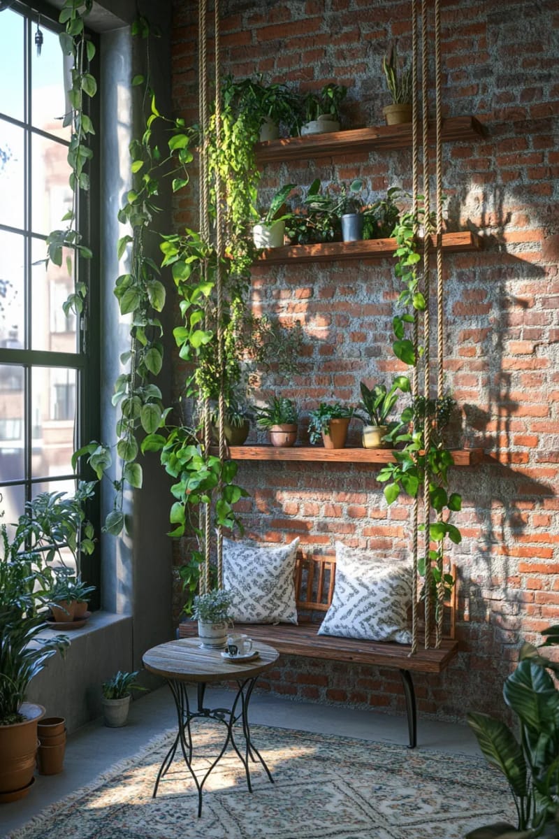 25 gemütliche kleine Balkondesign -Ideen, um Ihren Raum zu erhöhen 67 Hängende Regalgarten mit nachlaufenden Pothos und Farnen 1