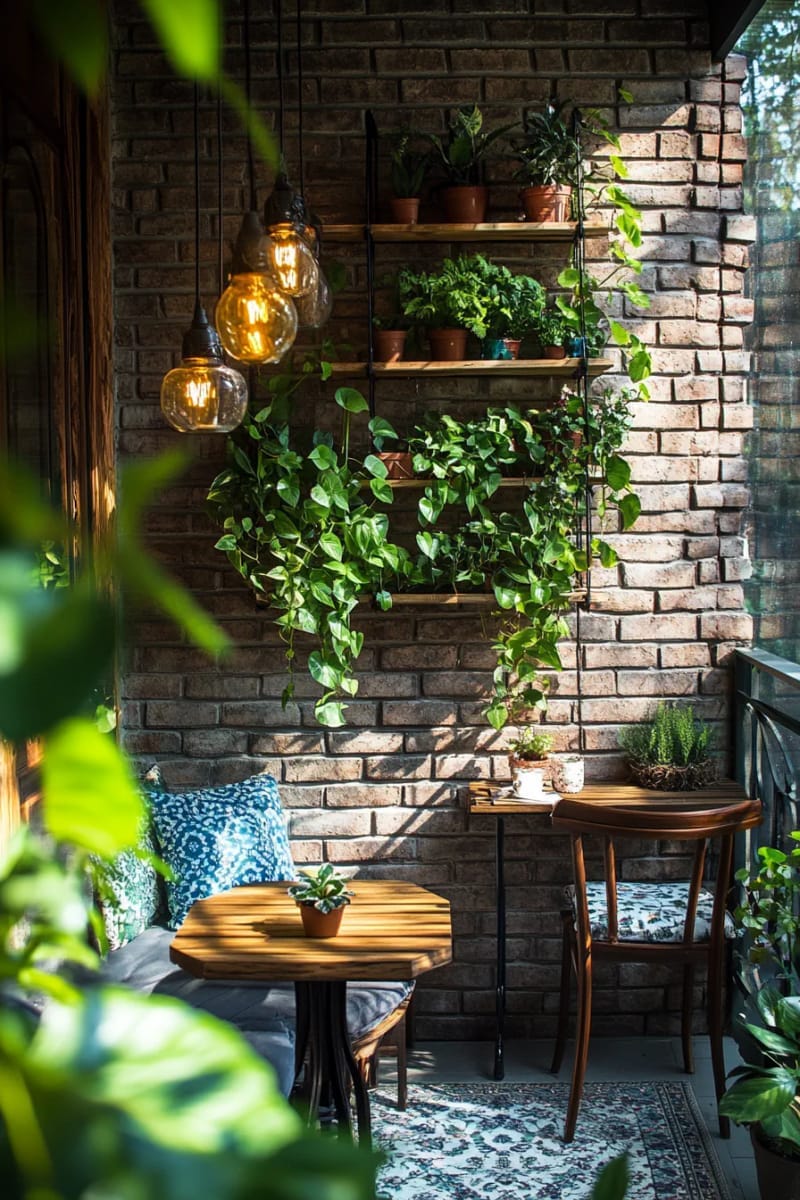 25 gemütliche kleine Balkondesign -Ideen, um Ihren Raum zu erhöhen 69 Hängende Regalgarten mit nachlaufenden Pothos und Farnen 1