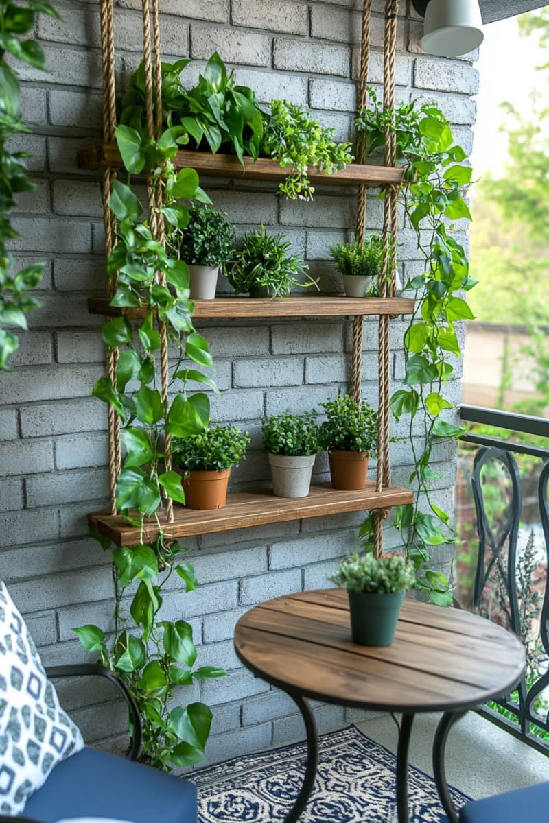25 gemütliche kleine Balkondesign -Ideen, um Ihren Raum zu erhöhen 70 Hängende Regalgarten mit nachlaufenden Pothos und Farnen 1