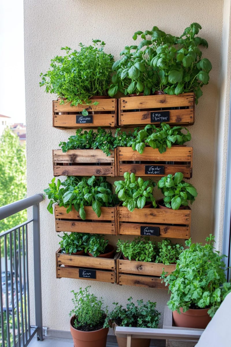25 atemberaubende Balkondekorationsideen für moderne Räume 25 Kräutergartenwand mit recycelten Holzkisten 1