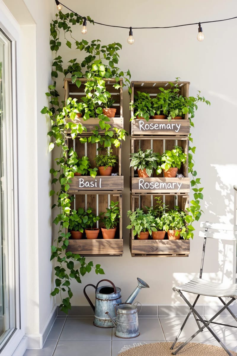 25 atemberaubende Balkondekorationsideen für moderne Räume 26 Kräutergartenwand mit recycelten Holzkisten 1
