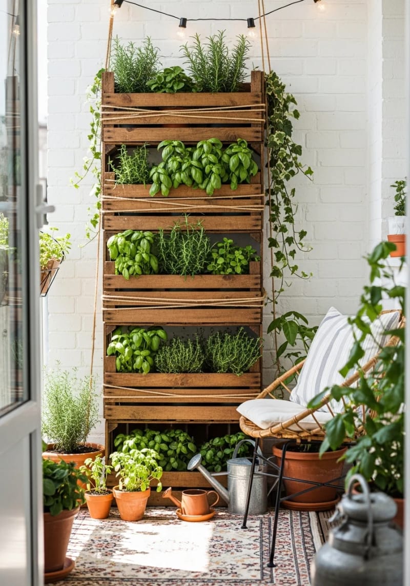 25 atemberaubende Balkondekorationsideen für moderne Räume 27 Kräutergartenwand mit recycelten Holzkisten 1