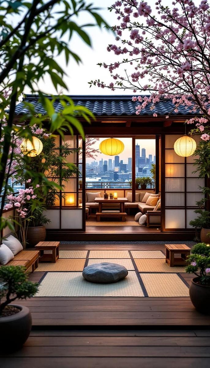 23 verträumte Dachterrasse Designs für modernes Leben im Freien 44 Japaner inspiriertes Dach-Teehaus mit Tatami-Matten 1